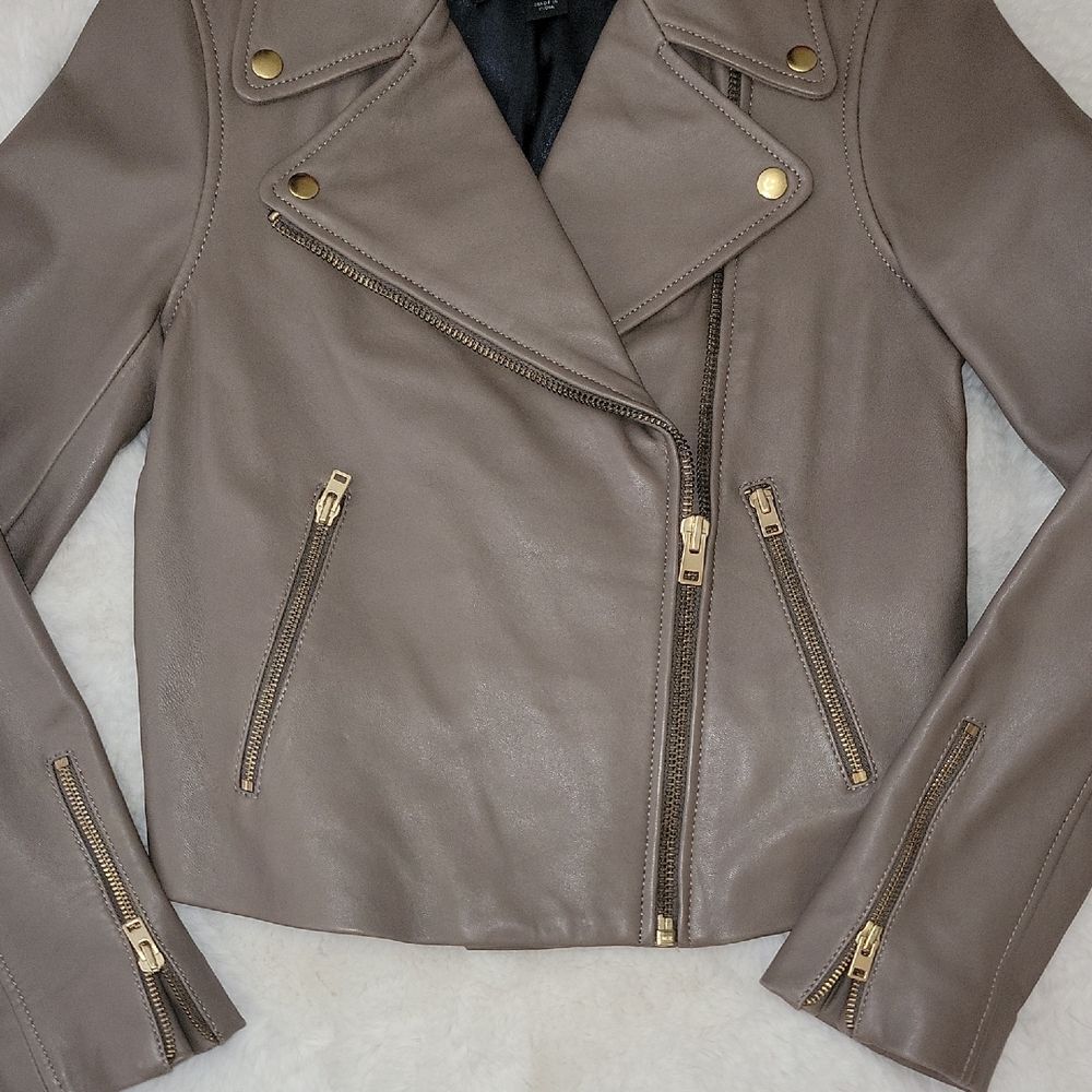 J. Crew Taupe Leather Moto Jacket with Gold Hardware Womens Size 2 - Picture 4 of 12